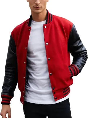 Mens Varsity Letterman Baseball Bomber Jacket | Casual Fashion Wool & Faux Leather College/High School Jackets