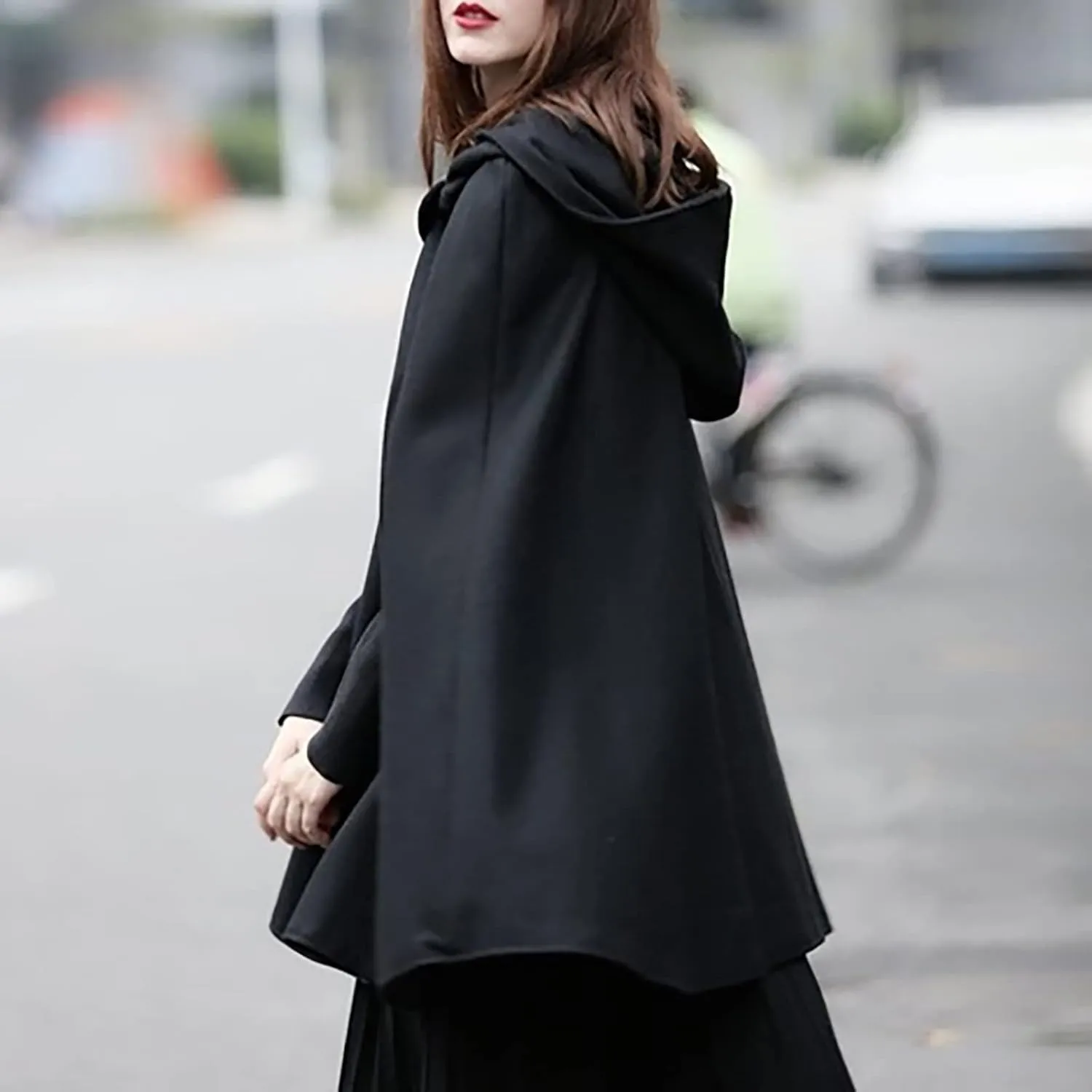NATHGAM Women's Wool Blend Hooded Capes Baggy Fall Winter Windproof Cloaks Plus Size Cute Thicken Warm Maxi Cardigan Coats