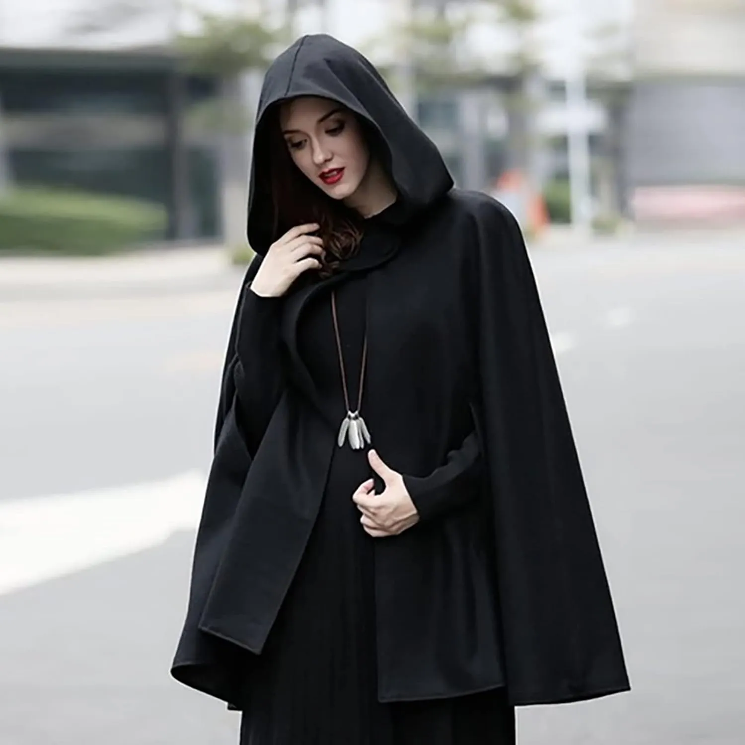 NATHGAM Women's Wool Blend Hooded Capes Baggy Fall Winter Windproof Cloaks Plus Size Cute Thicken Warm Maxi Cardigan Coats