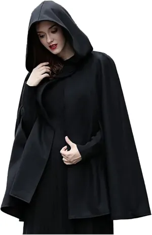NATHGAM Women's Wool Blend Hooded Capes Baggy Fall Winter Windproof Cloaks Plus Size Cute Thicken Warm Maxi Cardigan Coats
