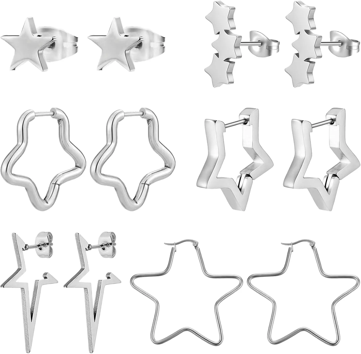 NEWITIN 6 Pairs Star Earrings for Women Hypoallergenic Studs Silver Gold Star Earring 18K Gold Plated Cartilage Stud Earrings Stars Hoop Earring for Women