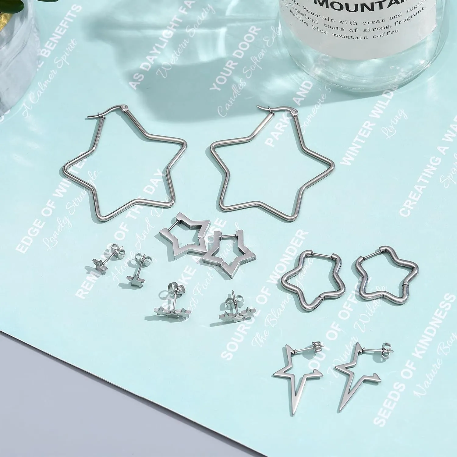 NEWITIN 6 Pairs Star Earrings for Women Hypoallergenic Studs Silver Gold Star Earring 18K Gold Plated Cartilage Stud Earrings Stars Hoop Earring for Women