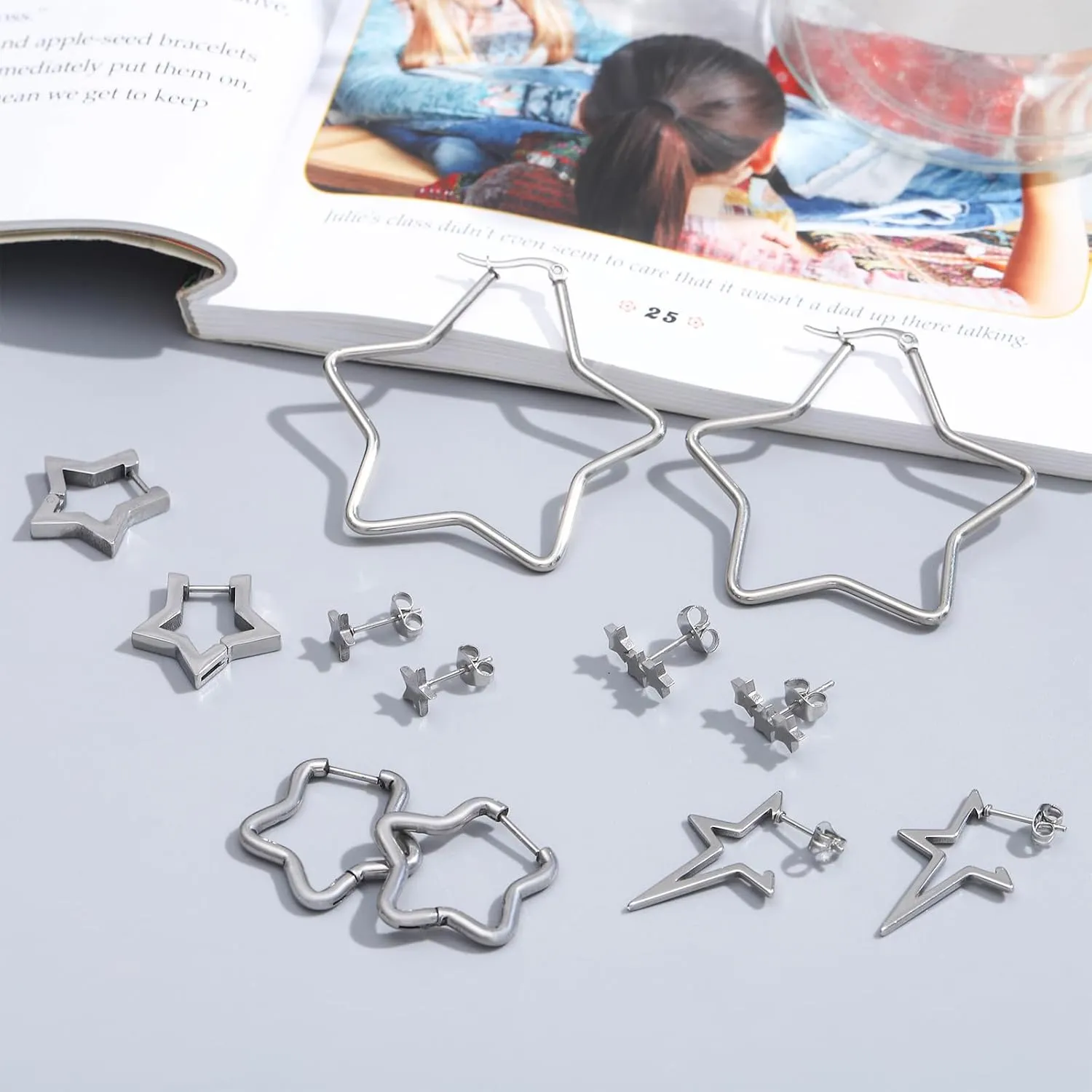 NEWITIN 6 Pairs Star Earrings for Women Hypoallergenic Studs Silver Gold Star Earring 18K Gold Plated Cartilage Stud Earrings Stars Hoop Earring for Women