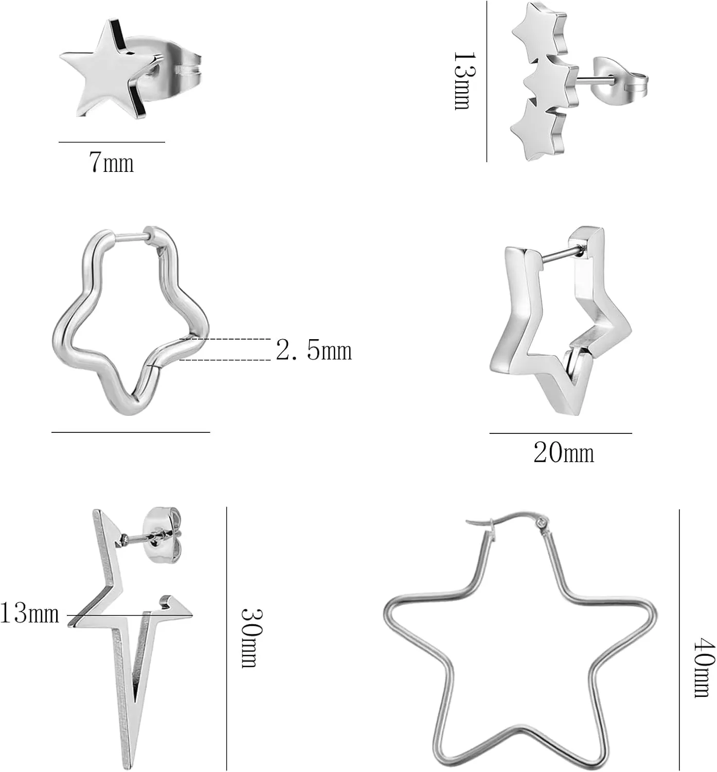 NEWITIN 6 Pairs Star Earrings for Women Hypoallergenic Studs Silver Gold Star Earring 18K Gold Plated Cartilage Stud Earrings Stars Hoop Earring for Women
