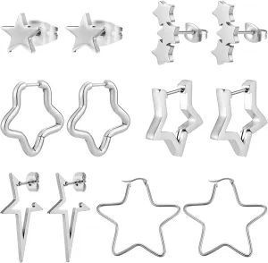 NEWITIN 6 Pairs Star Earrings for Women Hypoallergenic Studs Silver Gold Star Earring 18K Gold Plated Cartilage Stud Earrings Stars Hoop Earring for Women