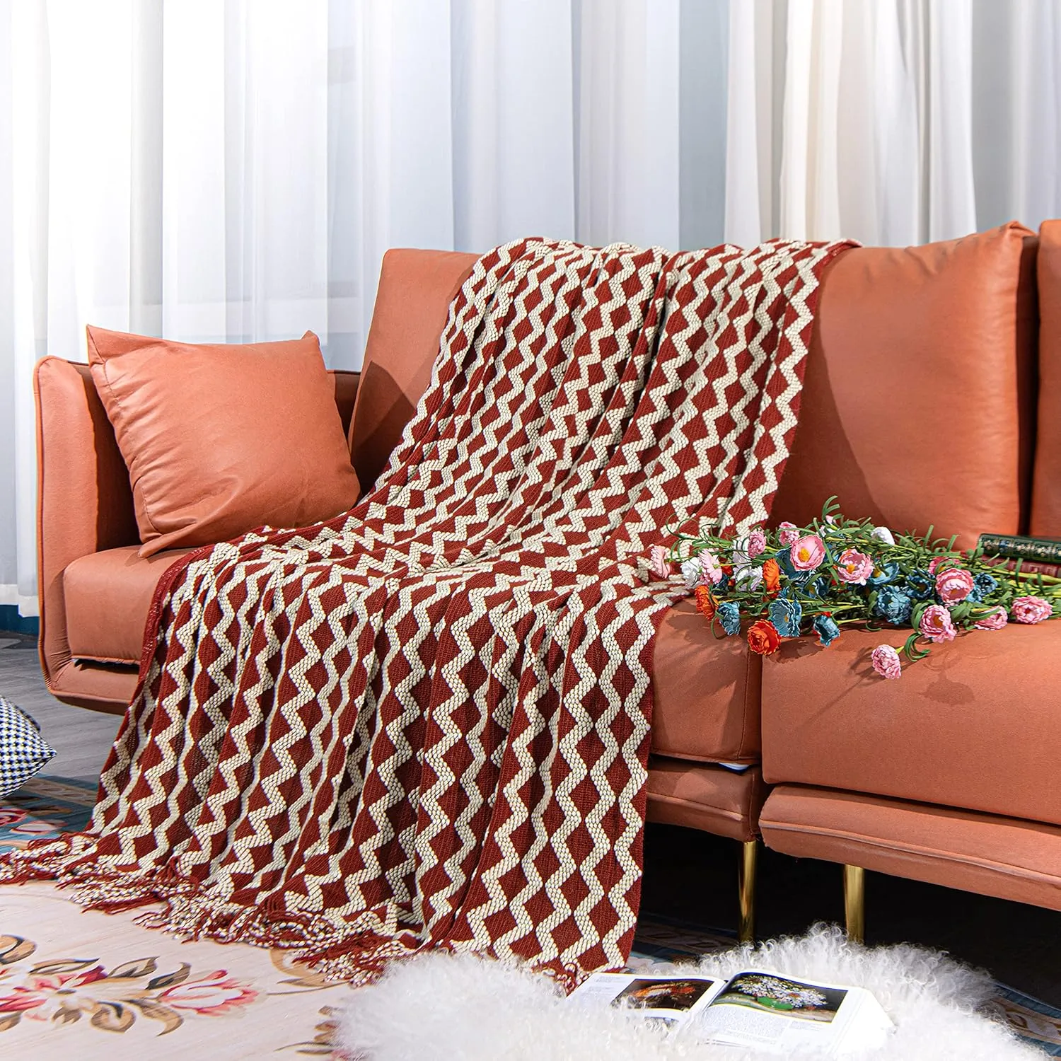 NTBAY Acrylic Knitted Throw Blanket, Lightweight and Soft Cozy Decorative Woven Blanket with Tassels for Travel, Couch, Bed, Sofa, 51x67 Inches, Red and White Striped