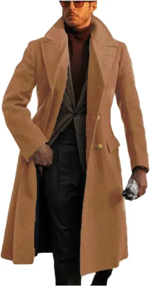 ONAXTDA Mens Wool Blend Trench Coat Slim Fit Double Breasted Long Pea Coat Notch Lapel Winter Warm Overcoat