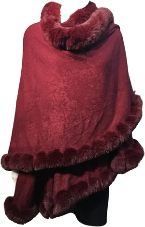 Poncho- Coat-Cape-Faux Fur-Fur-Ruana-blanket-Caplet-Wrap-Shrug-Sweater-dress shawl (Wool blend cape with faux fur trim -Wine Red)