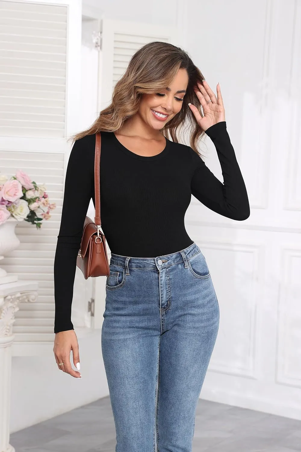 Roselux Womens Long Sleeve Stretch Crewneck Ribbed Knit Bodysuits T Shirt Body Suit Basic Tops