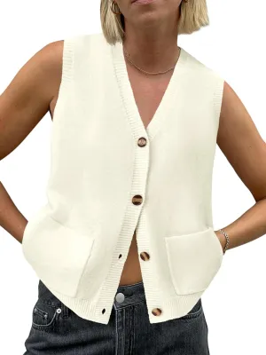Saodimallsu Womens Sleeveless Sweater Vest Button V Neck Knit Trendy Casual Summer Cardigan with Pockets