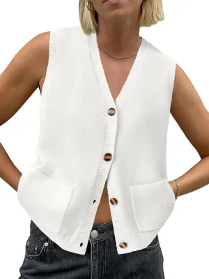 Saodimallsu Womens Sleeveless Sweater Vest Button V Neck Knit Trendy Casual Summer Cardigan with Pockets