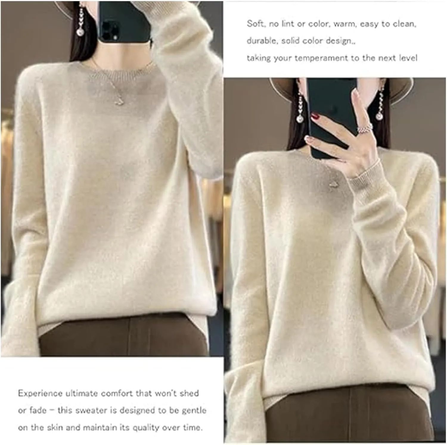Sweaters for Women Cashmere Crew Neck Long Sleeve, Soft Pullover, Cashmere Cardigan Knit Sweater