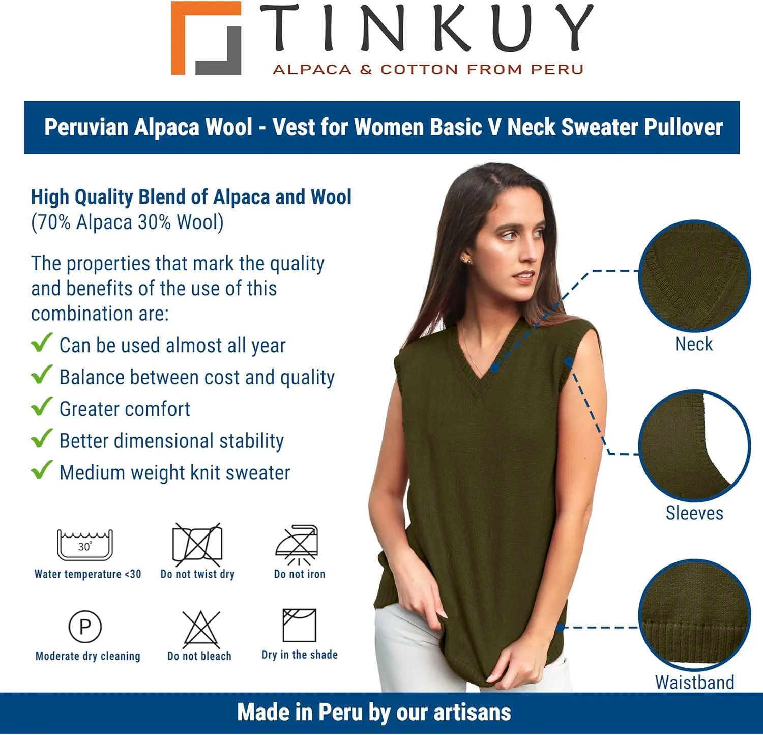TINKUY Peru Womens Alpaca Wool V Neck Sweater Vest, S-4XL