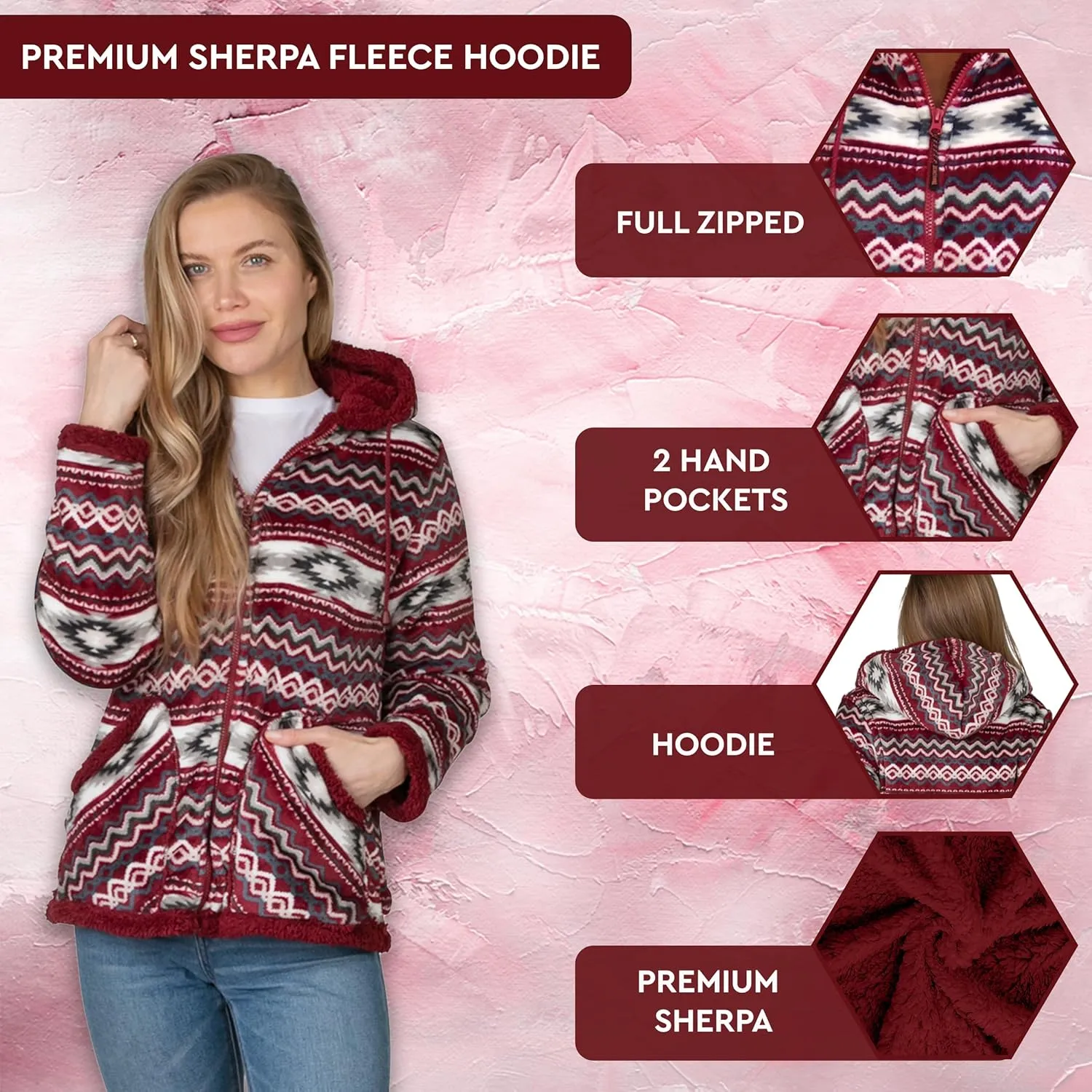 TrailCrest Ladies Smart Plush Sherpa Lined Hooded Sweater Jacket, Zip Up Classic