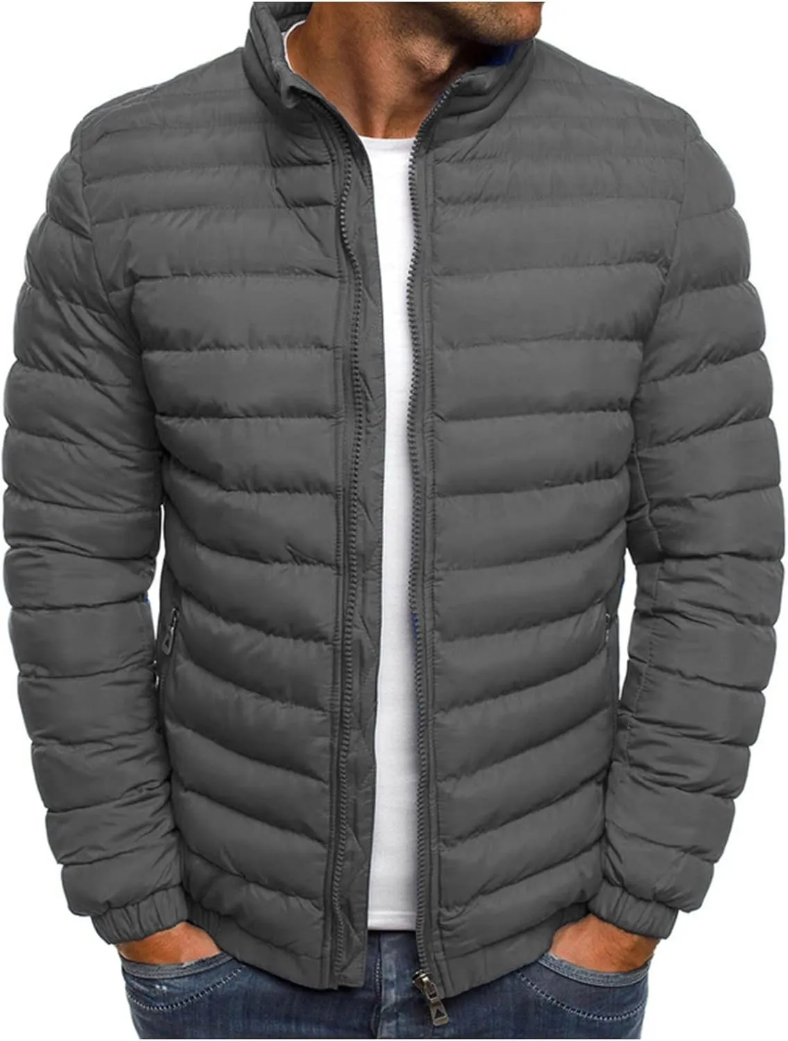 tuduoms Men's Down Jacket No Hood Winter Fashion Stand Collar Bomber Jacket Casual Quilted Lightweight Snow Ski Puffer Coat