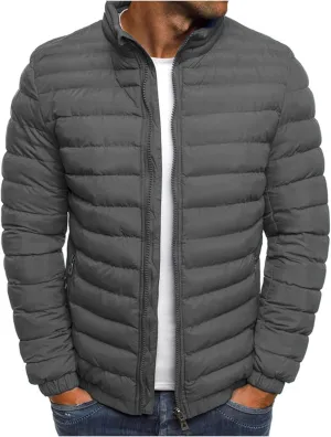 tuduoms Men's Down Jacket No Hood Winter Fashion Stand Collar Bomber Jacket Casual Quilted Lightweight Snow Ski Puffer Coat