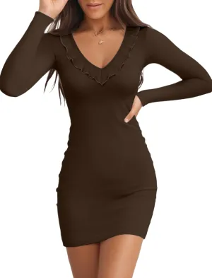 Valiamcep Women's Mini Dress V Neck Ruffle Long Sleeve Ribbed Slim Fitted Bodycon Pencil Dresses