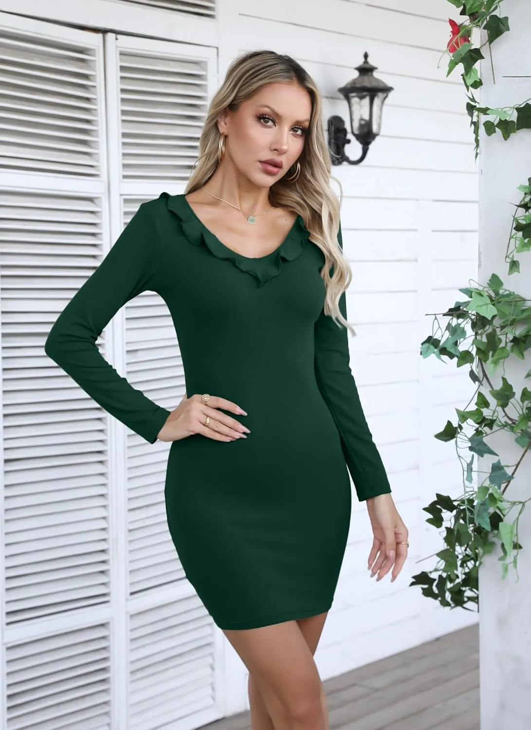 Valiamcep Women's Mini Dress V Neck Ruffle Long Sleeve Ribbed Slim Fitted Bodycon Pencil Dresses