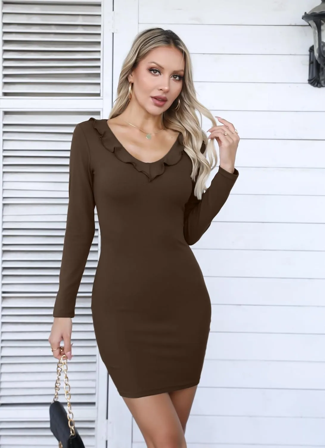 Valiamcep Women's Mini Dress V Neck Ruffle Long Sleeve Ribbed Slim Fitted Bodycon Pencil Dresses