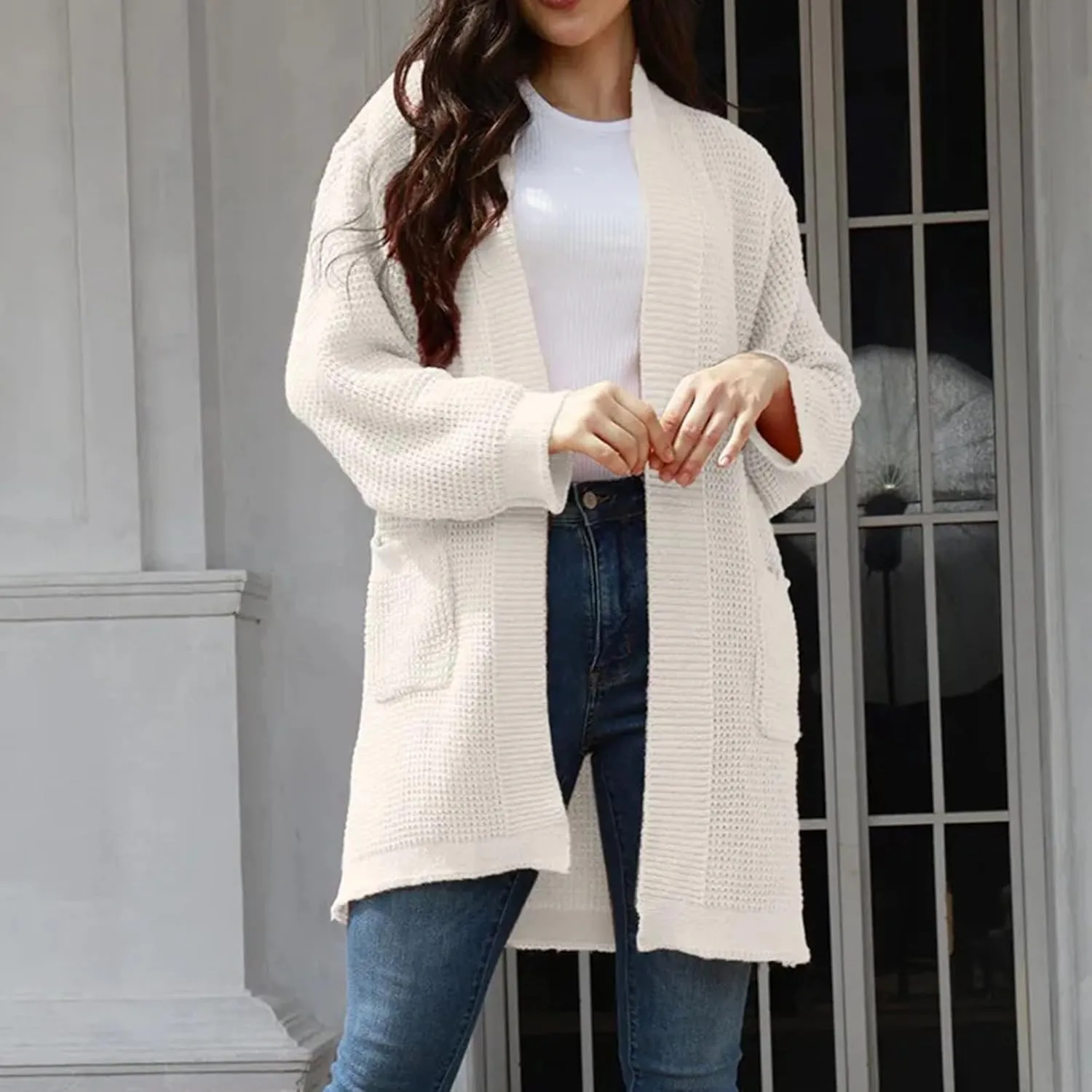 Winter and Fall Sweater Coat for Women Long Sleeve Knit Open Front Cardigans Outwear Tops with Pockets