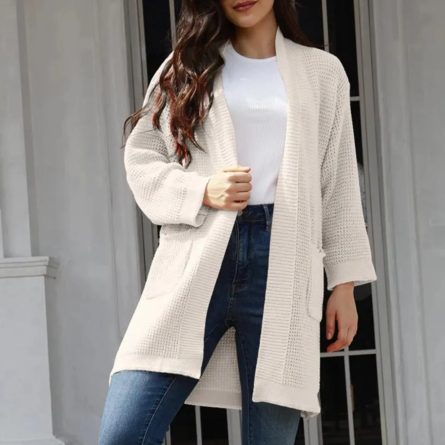 Winter and Fall Sweater Coat for Women Long Sleeve Knit Open Front Cardigans Outwear Tops with Pockets