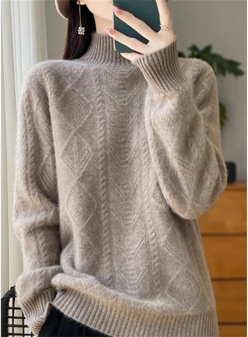 Women Merino Wool Pullover Sweaters Mock Neck Long Sleeve Knit Top Winter Warm Soft Jumper