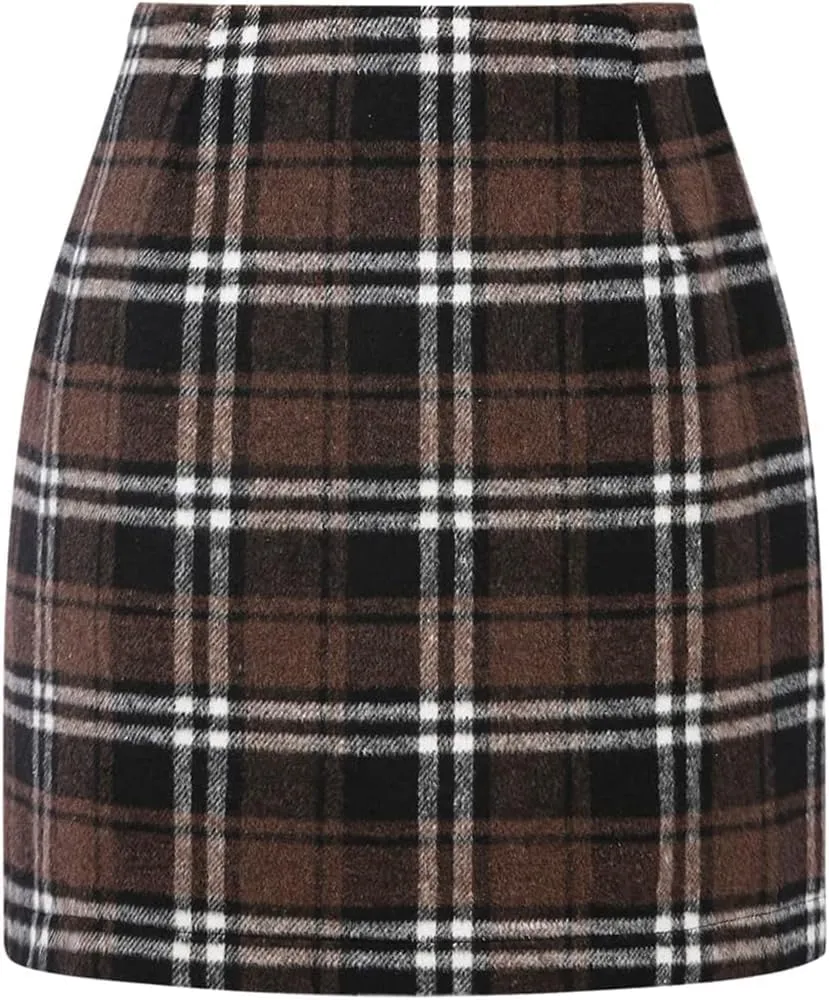 Womens High Waisted Plaid Skirt Fall Winter Mini Wool Bodycon Pencil A line Skirts