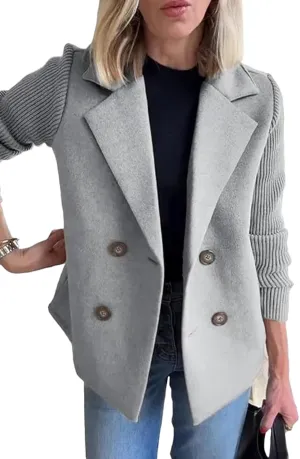 Women's Lapel Button Knitted Patchwork Sleeve Casual Coat Cropped Sweater Blazer Women Knit Blazer