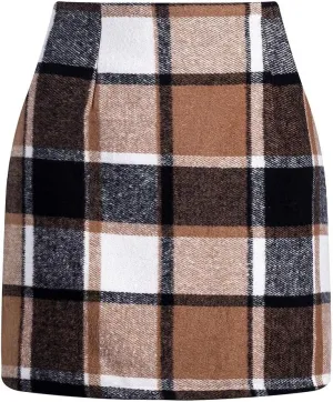 Womens Plaid Elastic High Waist Mini Skirt, Womens High Waist Plaid Skirt Bodycon Pencil Wool Mini Skirts A Line Skirt