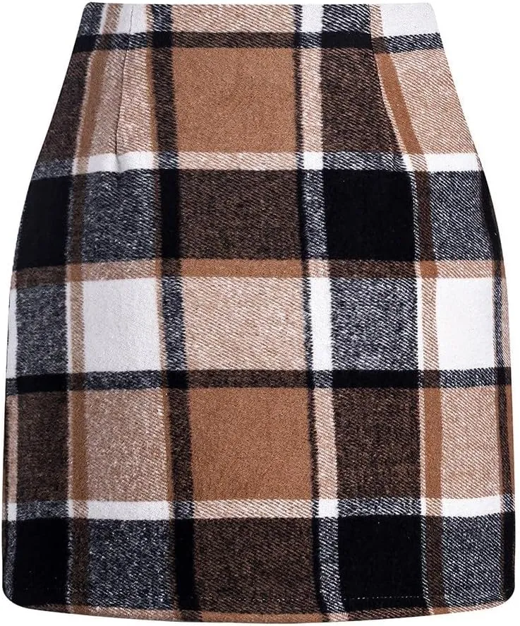 Womens Plaid Elastic High Waist Mini Skirt, Womens High Waist Plaid Skirt Bodycon Pencil Wool Mini Skirts A Line Skirt