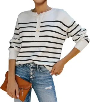Womens Striped Henley Sweaters Soft Lightweight Long Sleeve Crew Neck Loose Fit Knit Pullover Tops