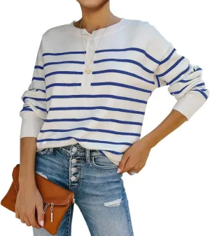 Womens Striped Henley Sweaters Soft Lightweight Long Sleeve Crew Neck Loose Fit Knit Pullover Tops