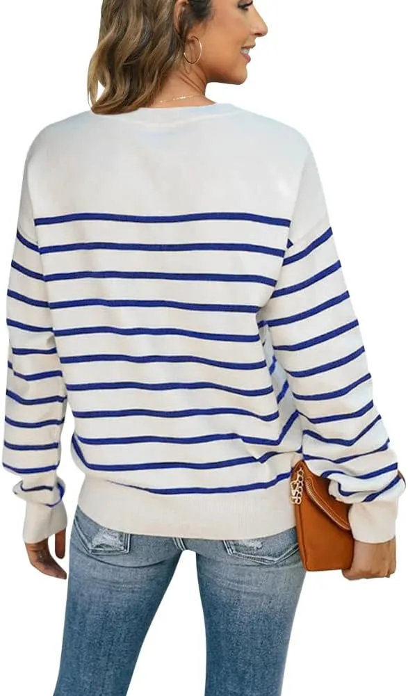 Womens Striped Henley Sweaters Soft Lightweight Long Sleeve Crew Neck Loose Fit Knit Pullover Tops