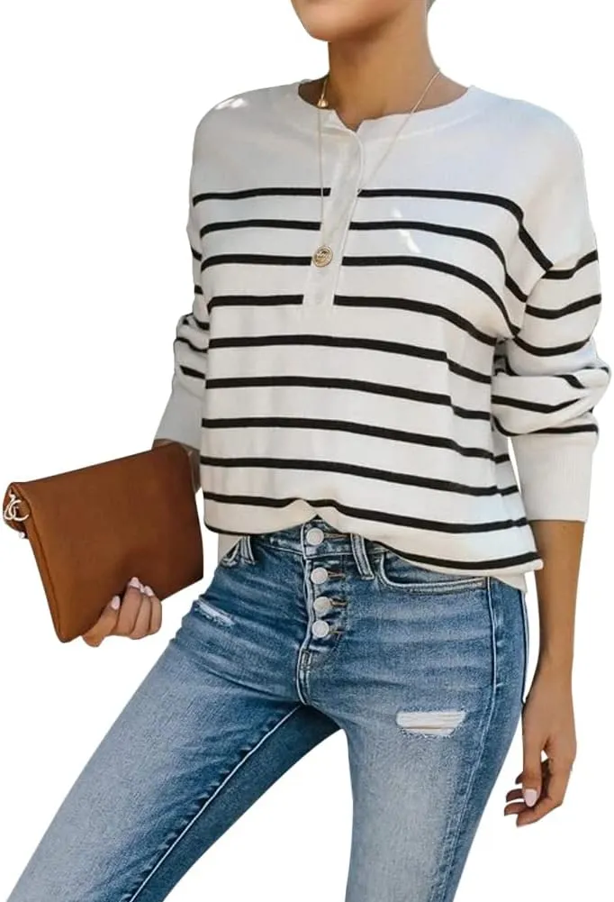 Womens Striped Henley Sweaters Soft Lightweight Long Sleeve Crew Neck Loose Fit Knit Pullover Tops
