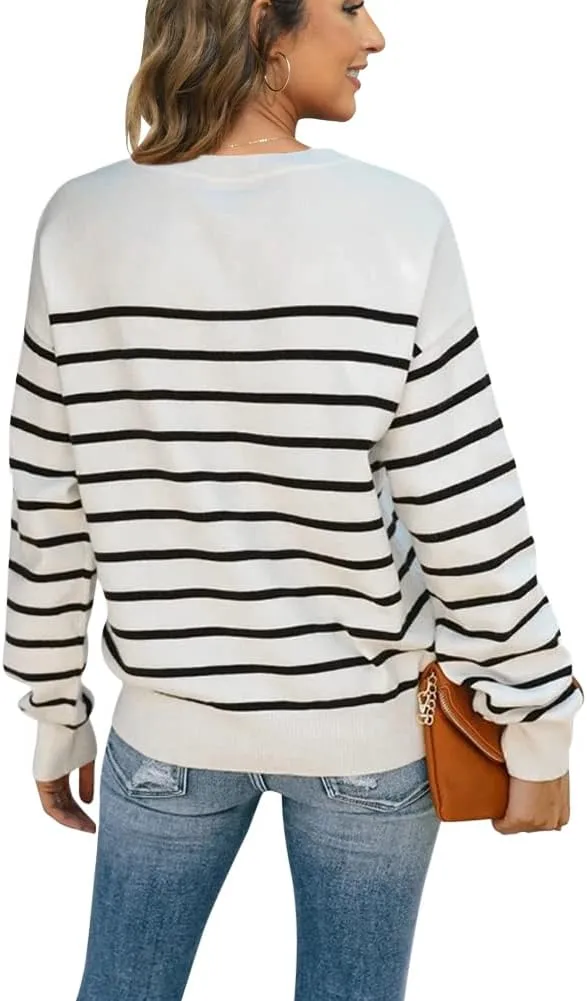 Womens Striped Henley Sweaters Soft Lightweight Long Sleeve Crew Neck Loose Fit Knit Pullover Tops