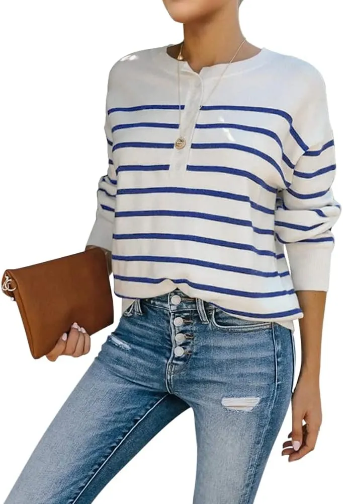 Womens Striped Henley Sweaters Soft Lightweight Long Sleeve Crew Neck Loose Fit Knit Pullover Tops