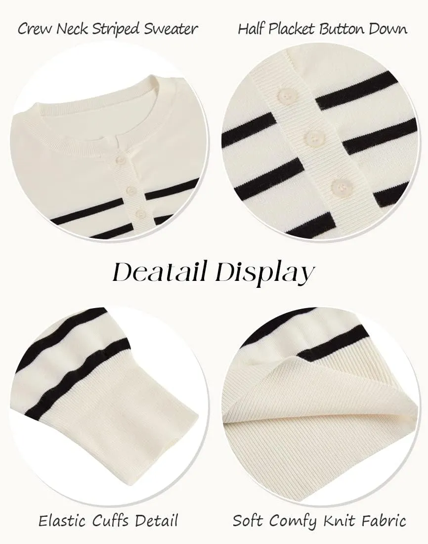 Womens Striped Henley Sweaters Soft Lightweight Long Sleeve Crew Neck Loose Fit Knit Pullover Tops