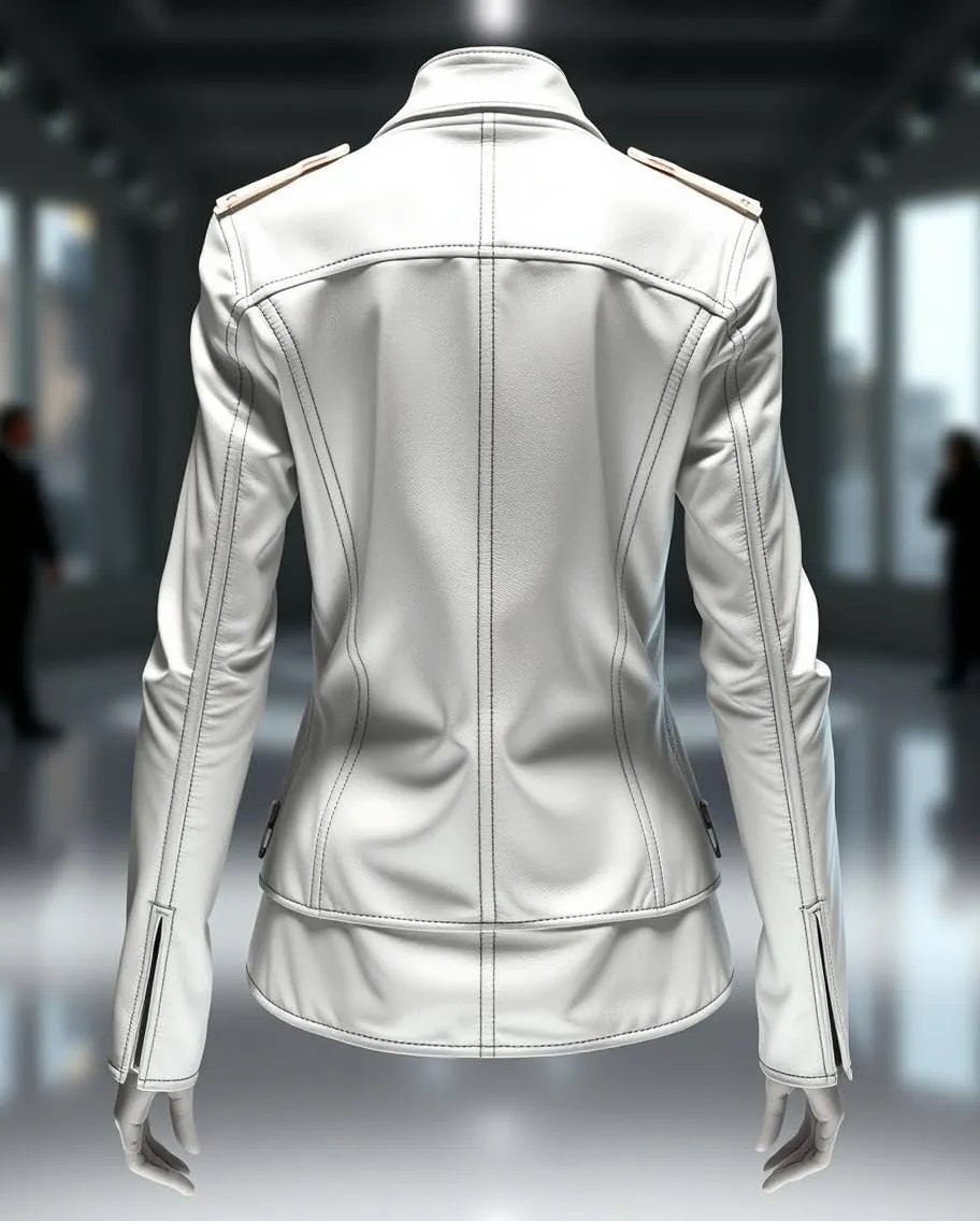 Women's White Real Leather Moto Jacket, Asymmetric Zipper, 24 in Length