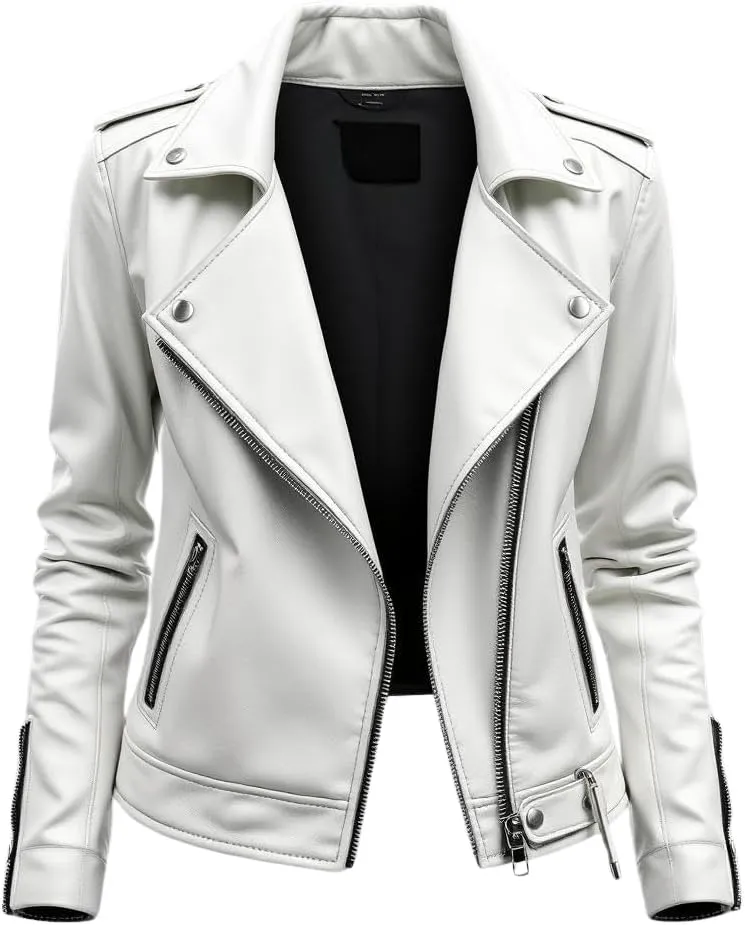 Women's White Real Leather Moto Jacket, Asymmetric Zipper, 24 in Length