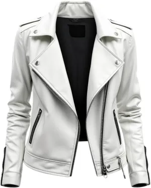 Women's White Real Leather Moto Jacket, Asymmetric Zipper, 24 in Length