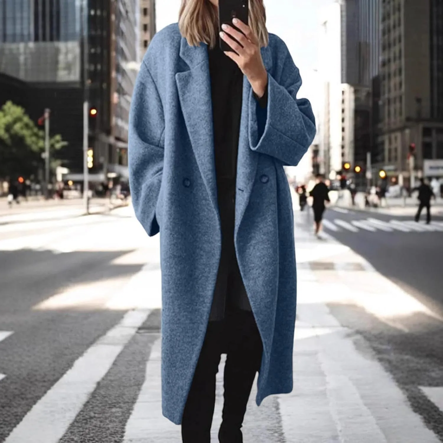 Women's Winter Double Breasted Wool Coat Long Sleeve Notch Lapel Long Trench Coat Women Business Casual Tops