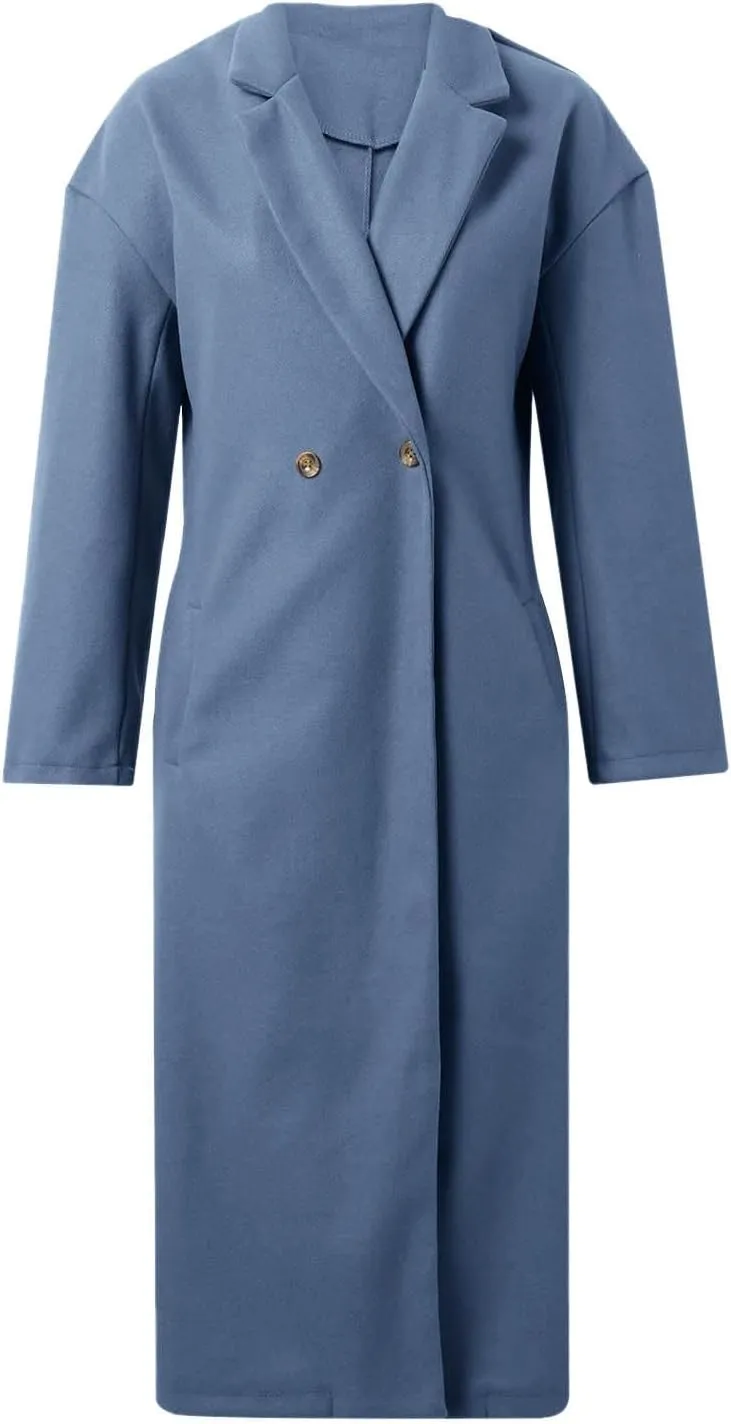 Women's Winter Double Breasted Wool Coat Long Sleeve Notch Lapel Long Trench Coat Women Business Casual Tops
