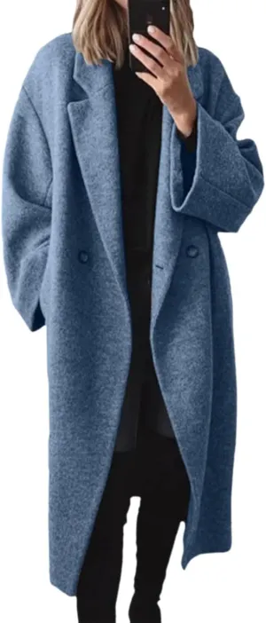 Women's Winter Double Breasted Wool Coat Long Sleeve Notch Lapel Long Trench Coat Women Business Casual Tops