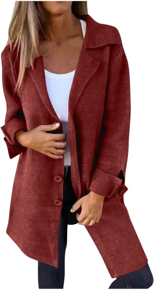 Womens Wool Coats Double Breasted Outwear Cardigan Lapel Jackets Winter Midi Pea Coat Trench Coat With Pockets