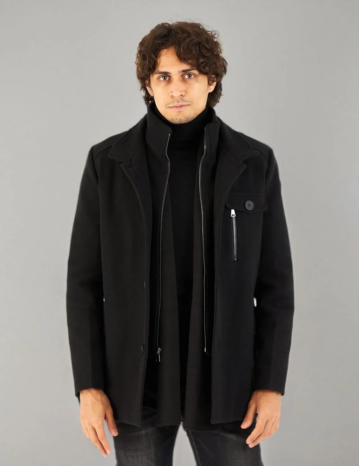 WULFUL Mens Wool Blend Winter Coat Slim Fit Short Trenchcoat Warm Business Jacket with Detachable Soft Wool Scarf