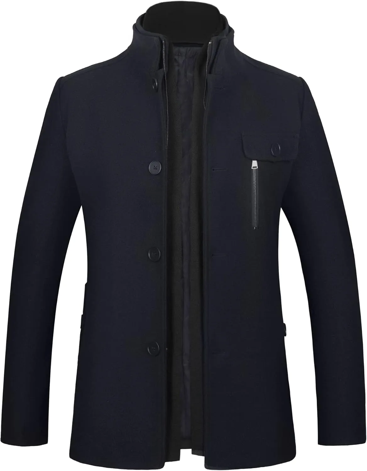 WULFUL Mens Wool Blend Winter Coat Slim Fit Short Trenchcoat Warm Business Jacket with Detachable Soft Wool Scarf