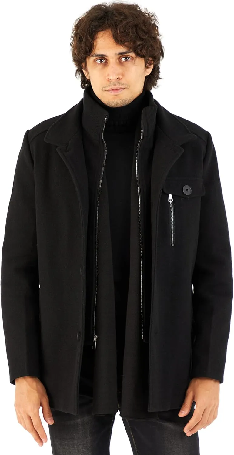 WULFUL Mens Wool Blend Winter Coat Slim Fit Short Trenchcoat Warm Business Jacket with Detachable Soft Wool Scarf