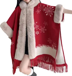 XUNRYAN Women's Winter Faux-Fur Cape Coat Christmas Cloak Shawl Wraps Wool-Blend Cardigan Poncho Warm Sherpa Fleece Jackets
